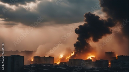 silhouette of bombed buildings in the city center and large clouds of smoke and fire in the background 