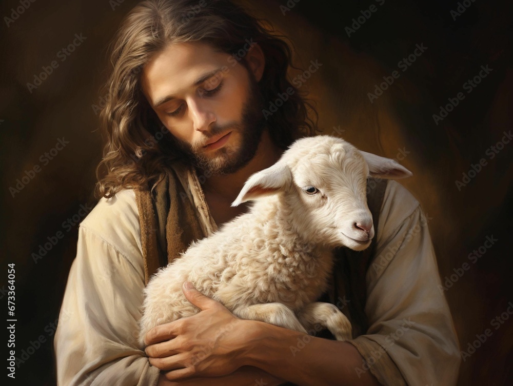 Portrait of Jesus with a white lamb cradled in his arms, AI-generated ...