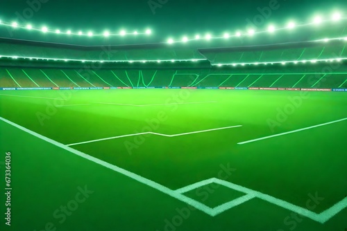 green field3D green soccer field with bright floodlights and haze.