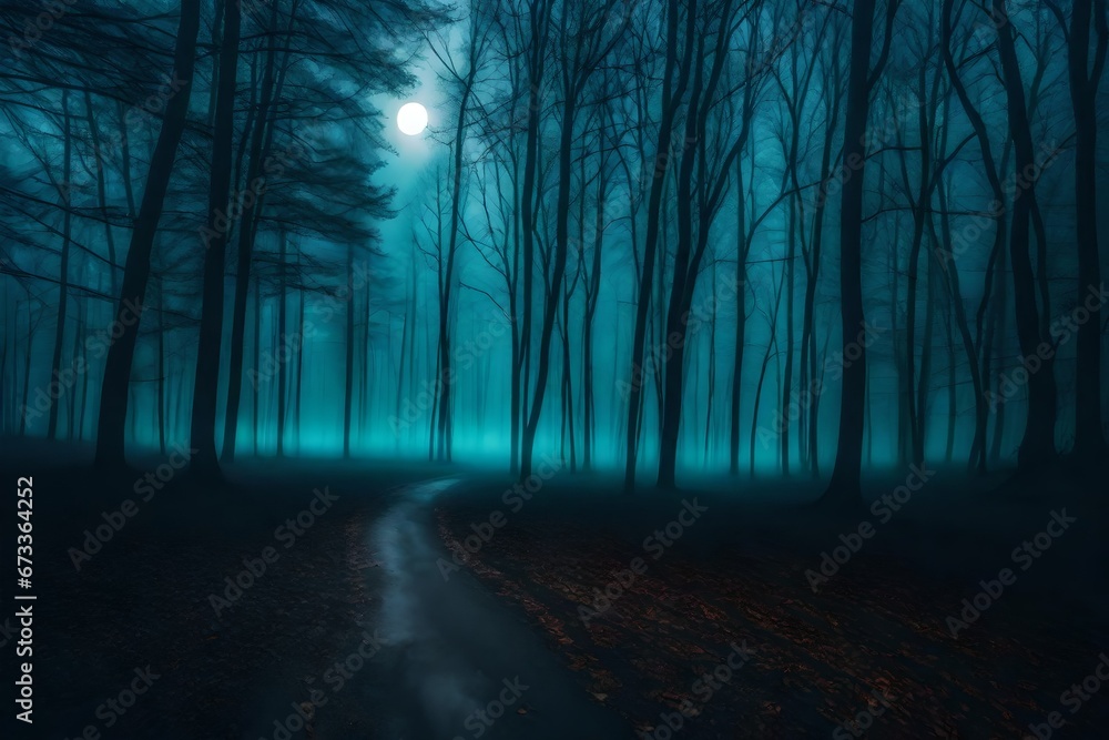 Fototapeta premium Fog In Spooky Forest At Moon Light On Asphalt - Abstract Bokeh