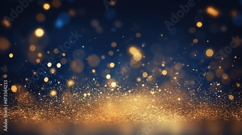 Glowing sparkling gold stars on navy blue background. Celebrate holiday confetti on Christmas New Year's Eve bokeh wallpaper.