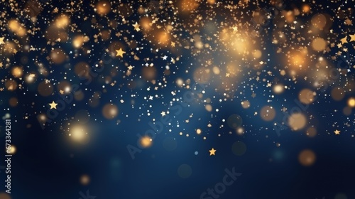 Glowing sparkling gold stars on navy blue background. Celebrate holiday confetti on Christmas New Year's Eve bokeh wallpaper.