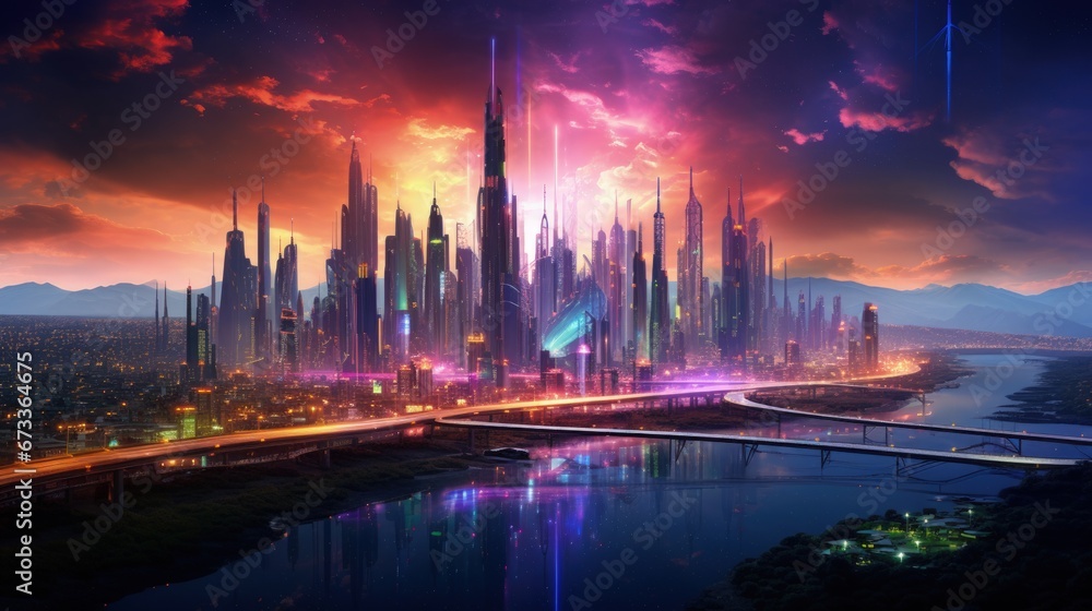 Fototapeta premium Futuristic city skyline. Blade runner. Neon lights cyberpunk cityscape with flying cars. Nightime glowing lights.