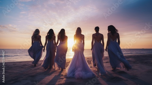 Beautiful beach bridal party. Bride  bridesmaids  and maid of honor in gowns at sunset. Wedding photos. Models by the ocean.