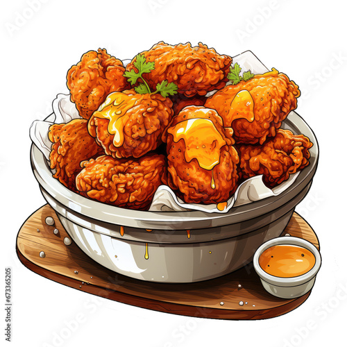 tasty crunchy crispy fried chicken in a bowl . Clipart PNG image . Transparent background . Cartoon vector style . Generative AI 