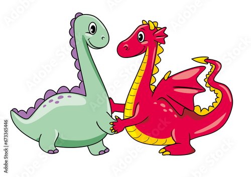 Happy cartoonish dino and dragon