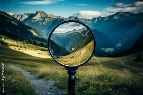 close-up of a magnifying glass in which a beautiful mountain landscape and road are visible photo
