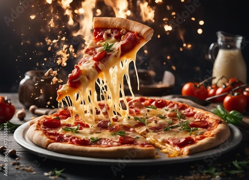 a piece of pizza slice, exploding ingredients and melting cheese