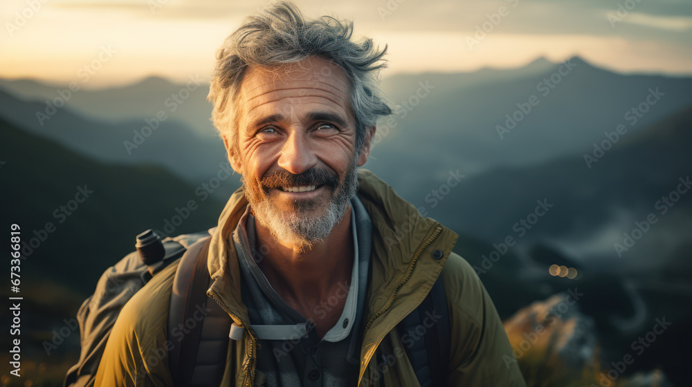 Old happy and smiling hiking man standing on mountain peak