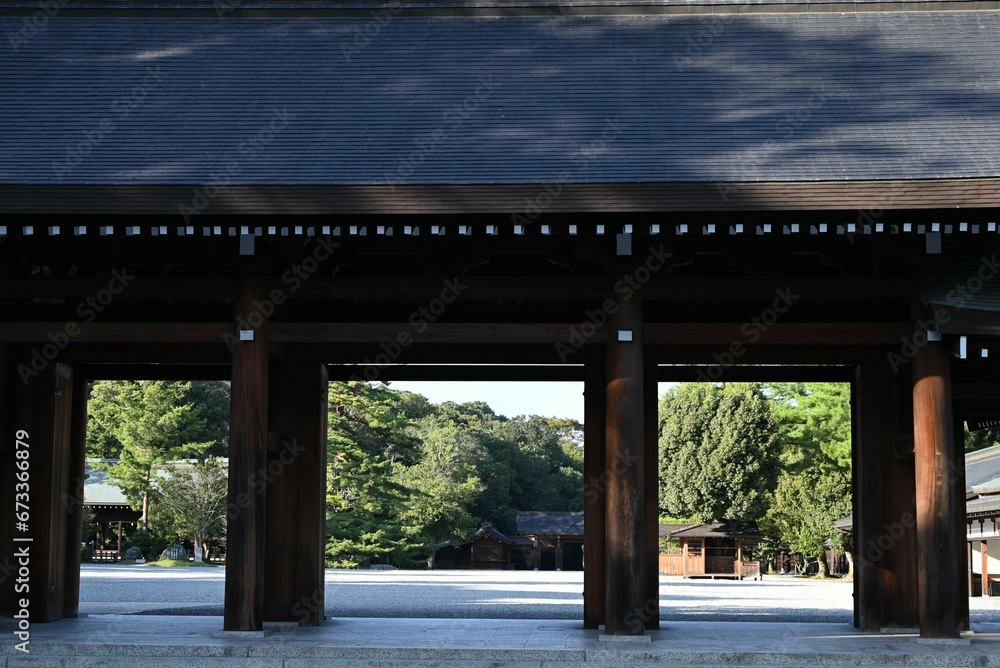 Japan tourism . Kashihara-Jingu Shrine. This shrine, built in 1890 in Kashihara City, Nara Prefecture, is dedicated to Japan's first emperor, Emperor Jimmu, and is called the ``Beginning of Japan.'' Japan tourism . Kashihara-Jingu Shrine. This shrine, built in 1890 in Kashihara City, Nara Prefecture, is dedicated to Japan's first emperor, Emperor Jimmu, and is called the ``Beginning of Japan.''