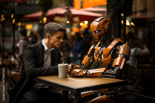 A businessman engaging in conversation with a humanoid robot over coffee, illustrating the seamless integration of robots into daily life.