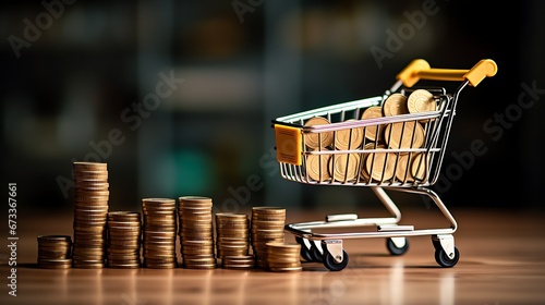 Increasing trend graph of sale volume with bigger shopping trolley cart on coins stacking for online sale business and ecommerce growth concept photo