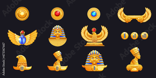Egypt game. Casino symbols. Egyptian frame. UI slots. Gold treasure of Anubis. Golden scroll wings. Nefertiti and Tutankhamun statues. Ra god. Shiny metal circle icons. Vector ancient elements set