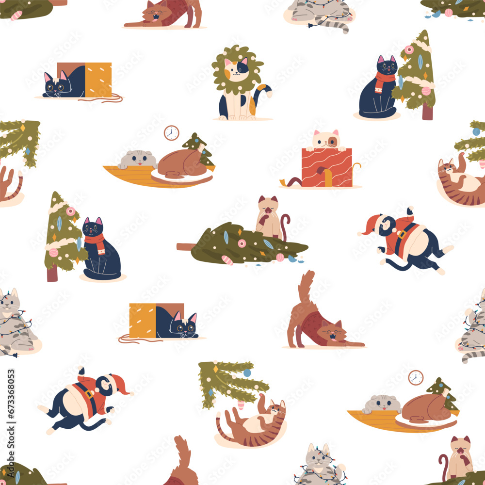 Fototapeta premium Seamless Pattern Featuring Christmas Cats, Wearing Santa Hats, And Playing With Ornaments, Vector Illustration