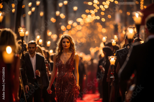 A glamorous woman in a stunning red gown walks confidently through a crowd at an upscale evening event, exuding elegance and style. photo