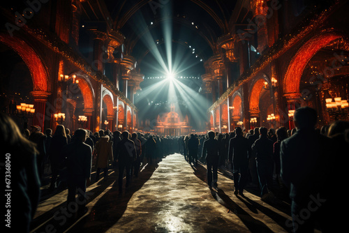 An audience gathers in a grand, ornately decorated hall, bathed in the glow of a spectacular light display during an event.
