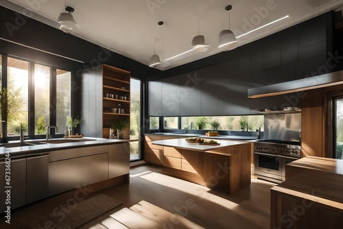 a sunny kitchen, with automated blinds and shades filtering the light and providing privacy