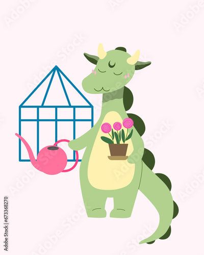Cute dragon watering flowers. Chinese New Year 2024. Year of the Dragon. The symbol of the year. Funny dragon character, flat cartoon style