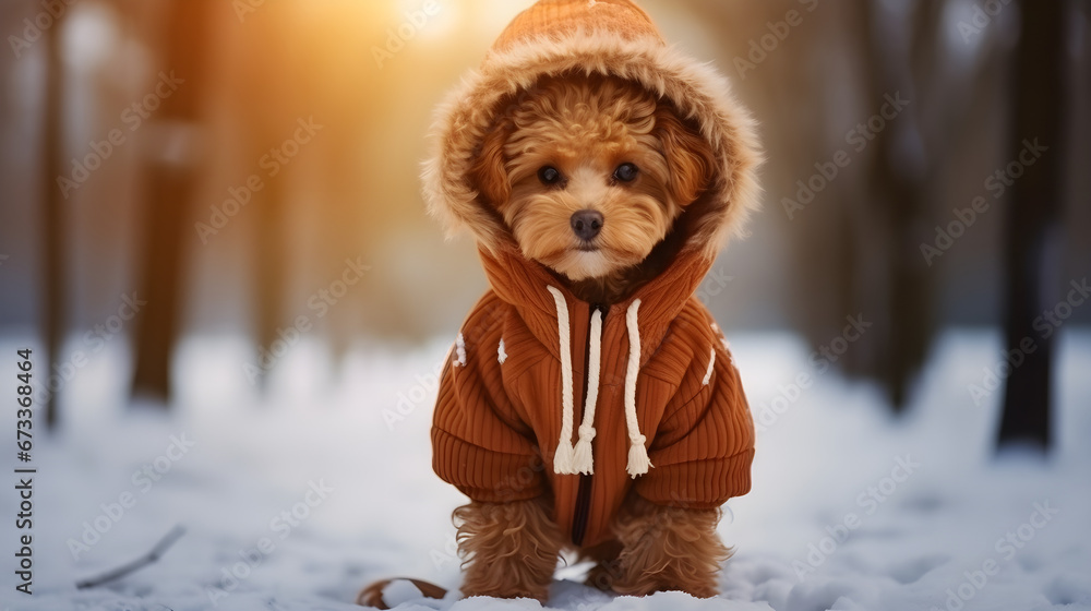 Cute dog in a warm jacket in the winter park Cute dog in a warm jacket in the winter park