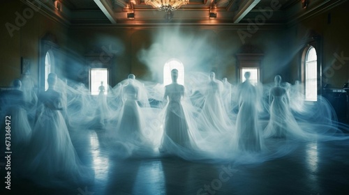 a wedding party with several women dressed in ghosts standing in an enormous hall