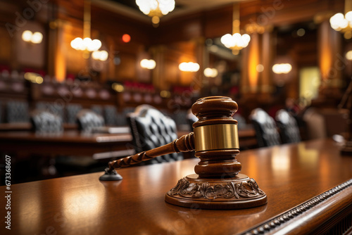 A professional image of a polished gavel on a courtroom desk, signifying the rule of law and judicial authority.
