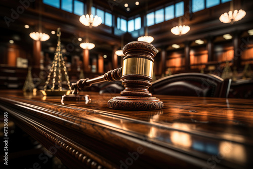 Close-up of a wooden gavel on a polished courtroom desk, symbolizing law, justice, and judicial proceedings. photo