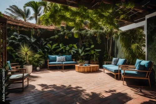 an outdoor living room set of two chairs, two couches, and a small planter with a tropical looking wal