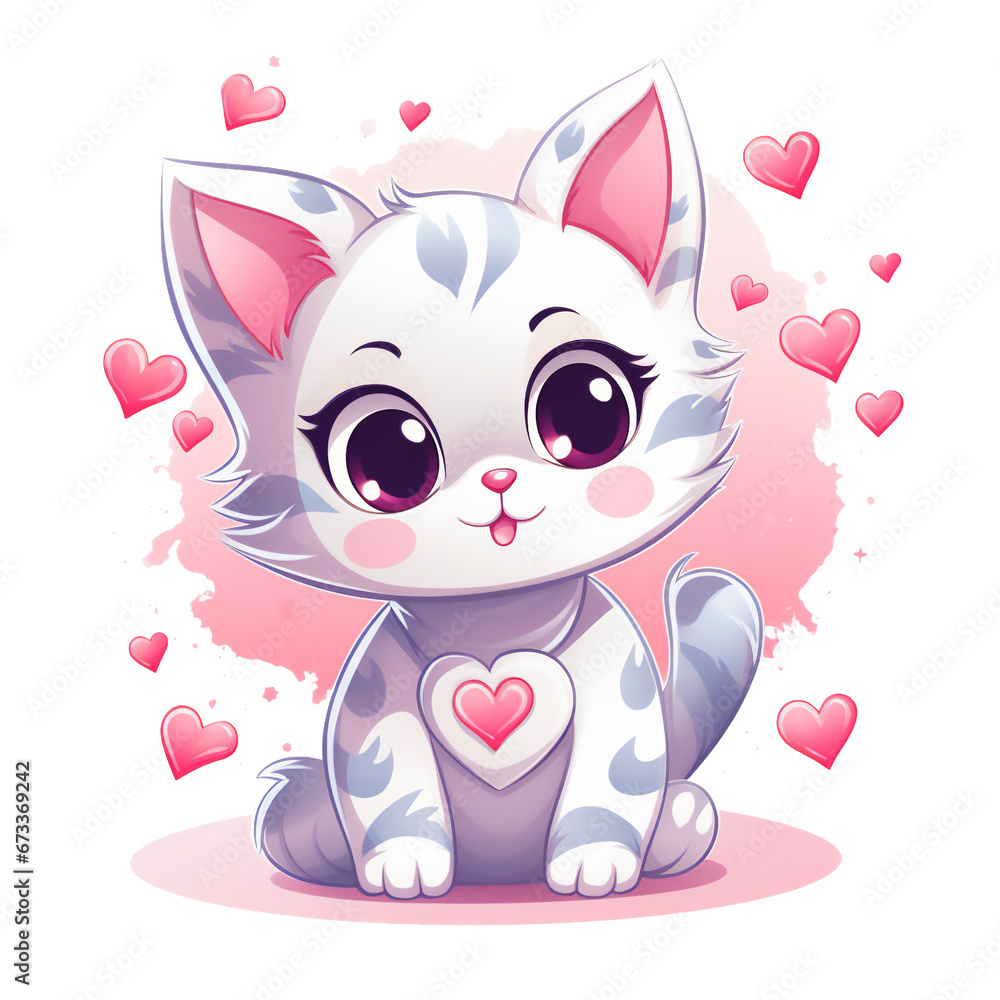 Beautiful cute kawaii kitten on white background. Valentine Kitten. 