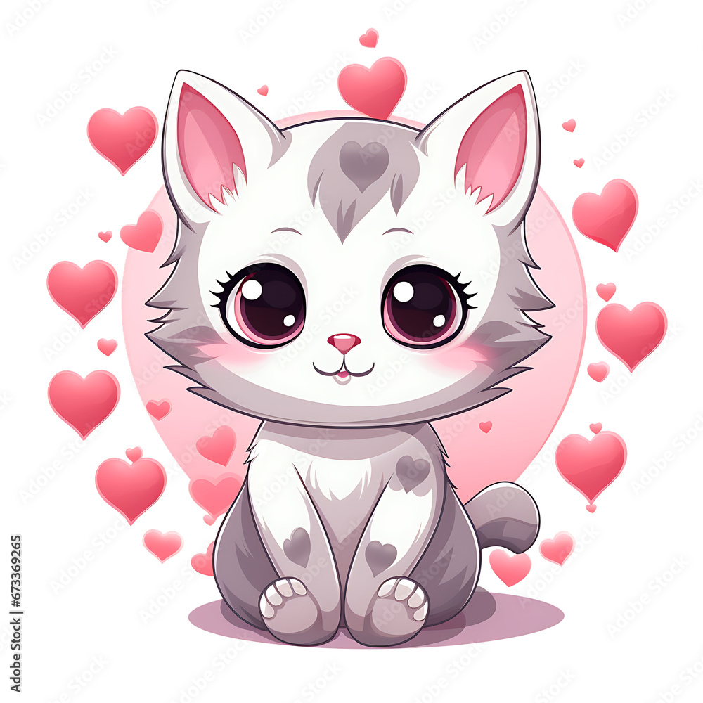 Beautiful cute kawaii kitten on white background. Valentine Kitten. Beautiful cute kawaii kitten on white background. Valentine Kitten.