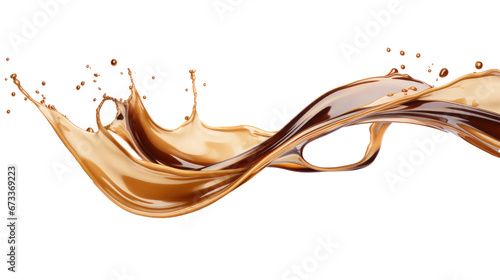 Liquid floating brown coffe splash as wave or curve isolated on transparent background, PNG