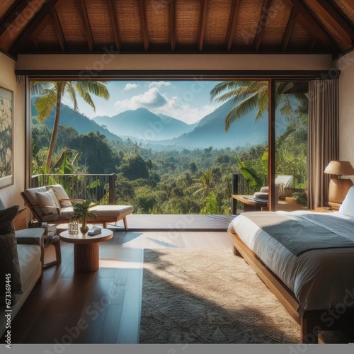 A luxurious bedroom with a view of a tropical forest and mountains