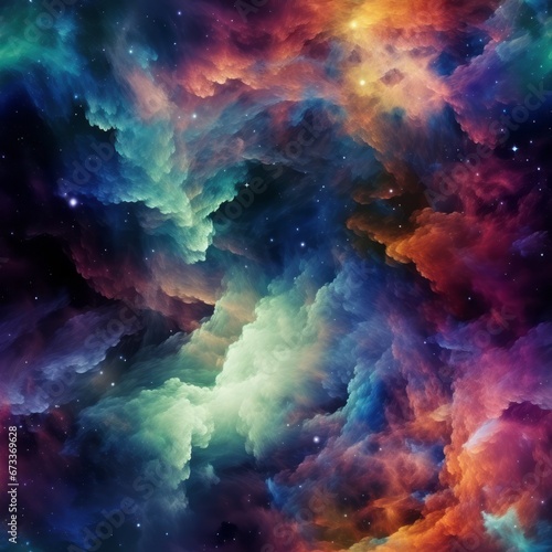 A celestial dance unfolds as nebulae and cosmic dust paint the universe in ethereal shades.