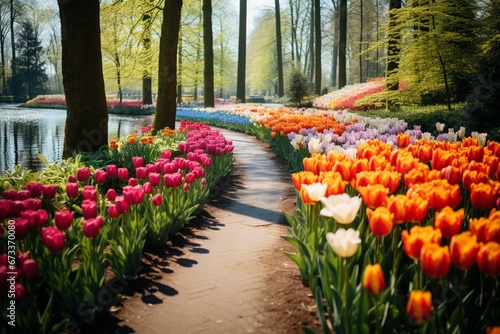 Colorful tulips bloom in the beautiful Keukenhof gardens in Holland. Generative AI photo