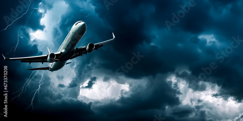 Commercial Jet Airliner or plane, flying into a thunderstorm with lighting flashes. Concept of turbulence, and fear of flying of crashing. Shallow field of view. photo