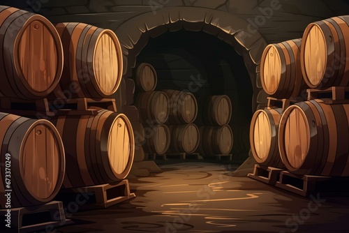 Background with barrels in a brewery cellar. Generative AI