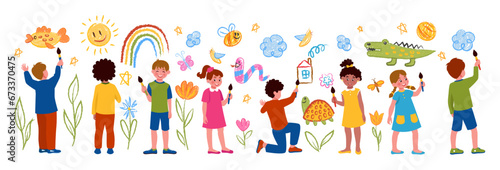 Kid draws. Child crayon paints, children with color pencils and wall picture, childhood, kids play games. Cute young artists. Girls and boys drawing. Vector cartoon flat style isolated tidy characters