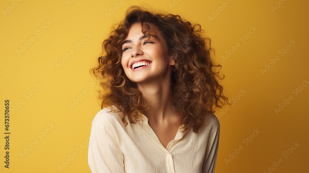 Obraz premium Portrait of a cheerful young woman wearing yellow shirt standing isolated over yellow background
