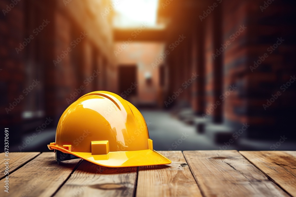The importance of safety gear for construction workers and the presence of a helmet at a construction site - obrazy, fototapety, plakaty 