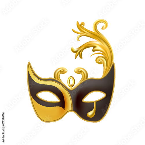 Carnival mask. Gold and black glasses for festive holidays. Masquerade party. Opera and theatre performance realistic object. Harlequin Venice accessory. Isolated vector performance costume element