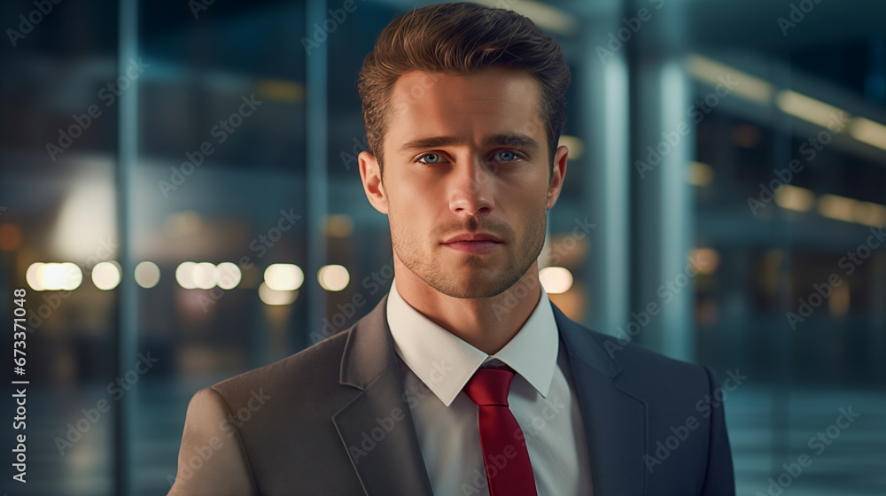 Portrait of young adult european man in elegant suit working in office