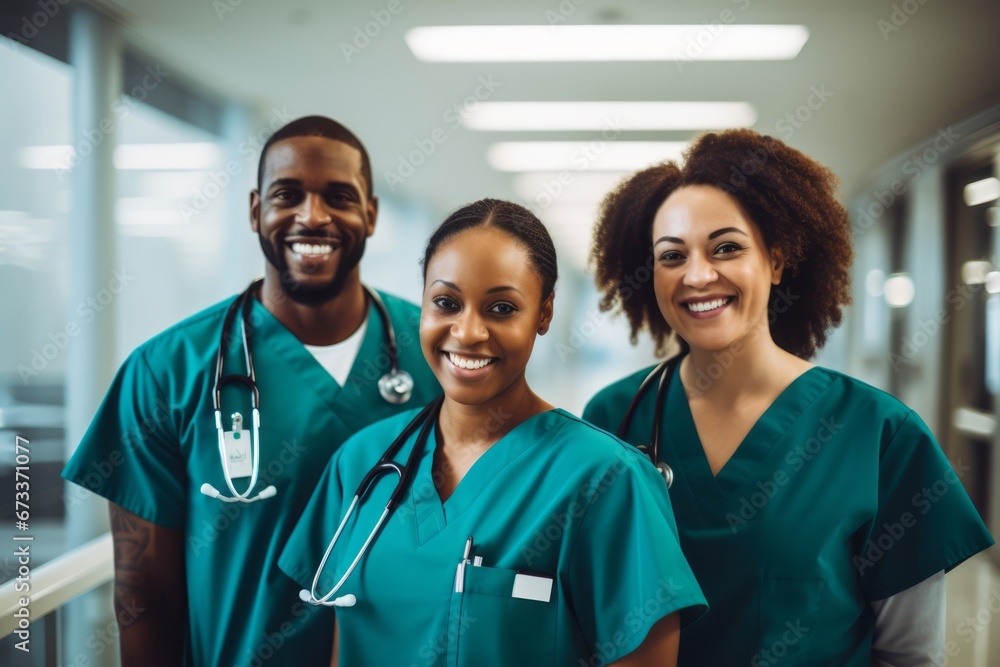 A diverse group of medical professionals, dressed in scrubs, working together in a cutting-edge healthcare setting. A diverse group of medical professionals, dressed in scrubs, working together in a cutting-edge healthcare setting.