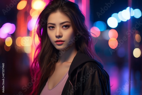 Fashion beauty shooting of gorgeous Asian model. Young beautiful woman in black jacket posing over night city dramatic red neon background