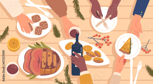 Bountiful Christmas Feast, Hands Reaching For Various Dishes, Creating A Vibrant, Mouthwatering Top View