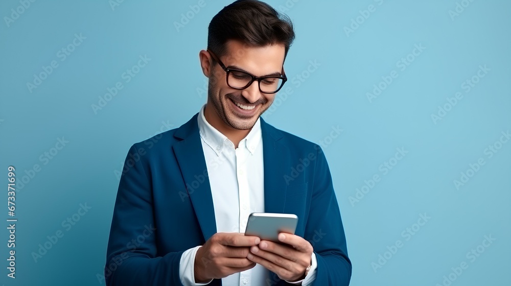 Handsome entrepreneur wearing eyeglasses and reading good news over smart phone over blue background. generative AI Handsome entrepreneur wearing eyeglasses and reading good news over smart phone over blue background. generative AI