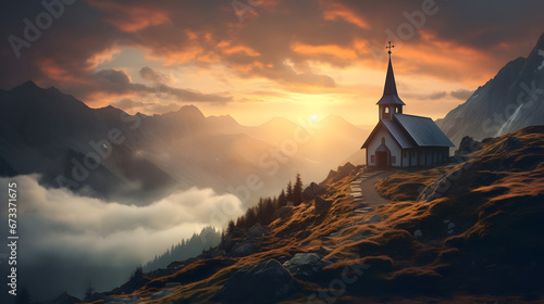 Small church on top of mountain, breathtaking view