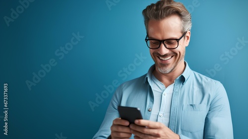 Handsome entrepreneur wearing eyeglasses and reading good news over smart phone over blue background. generative AI © yj
