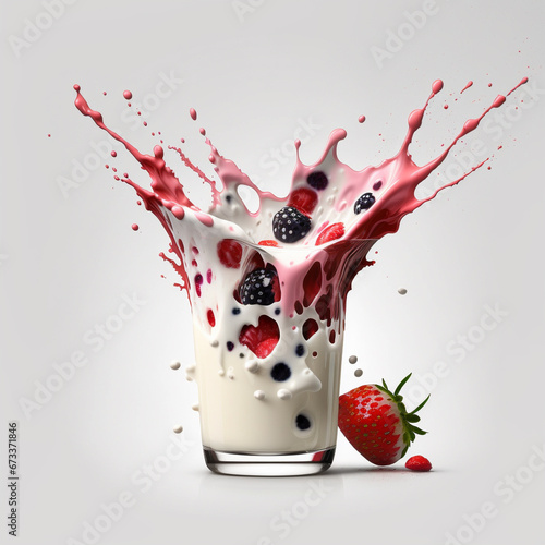 Generative AI illustrations, Strawberry splashing into a glass full of milkshake
