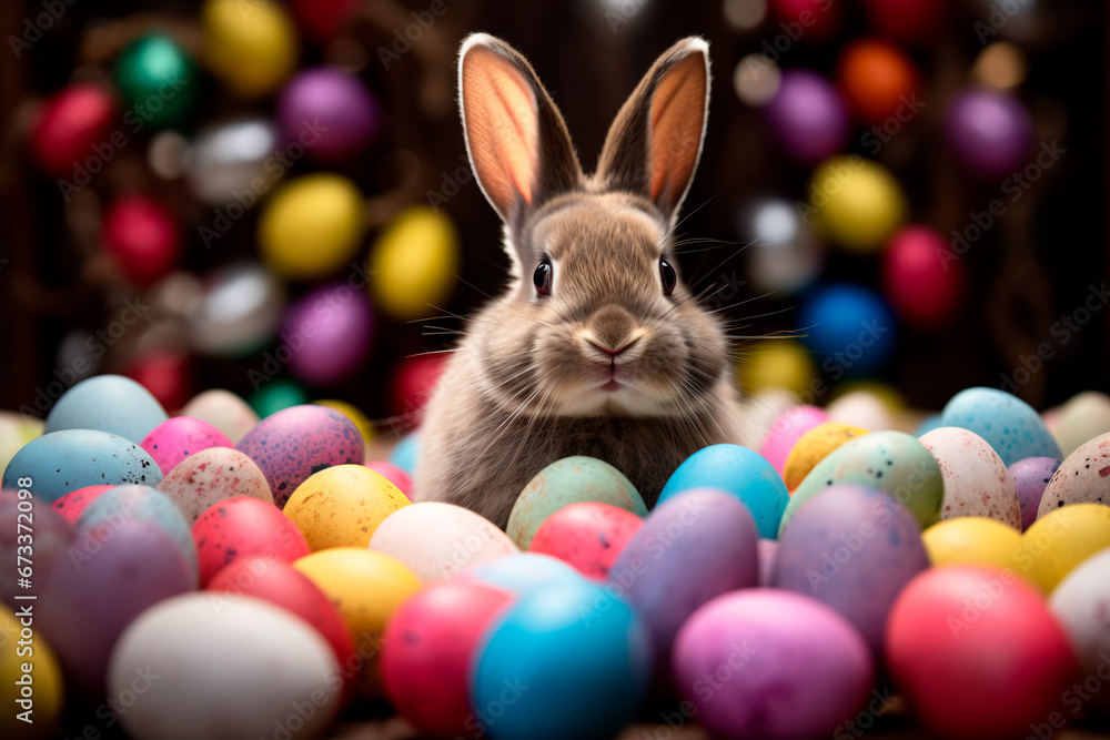 Happy Easter Bunny surrounded by a multitude of colorful Easter eggs. Happy Easter Bunny surrounded by a multitude of colorful Easter eggs.