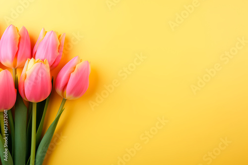 pink tulips on yellow background and place for text . 