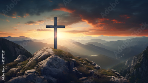 Cross on mountain peak at sunset © Tangible Divinity